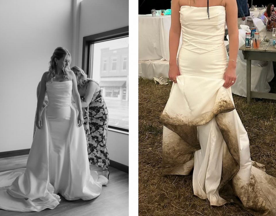 Wedding gown before and very dirty after wedding